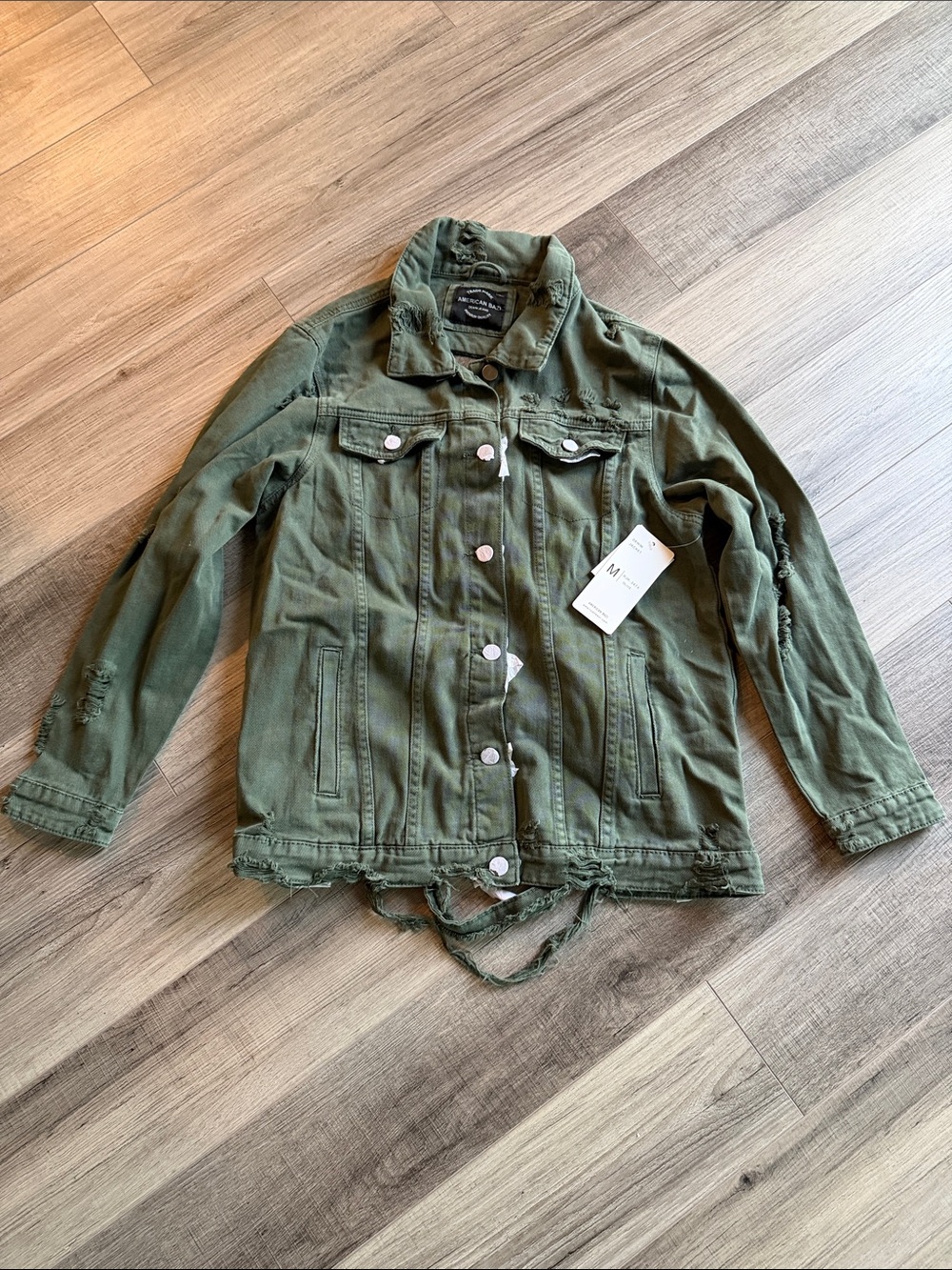 American Bazi Olive Green Distressed Jean Jacket